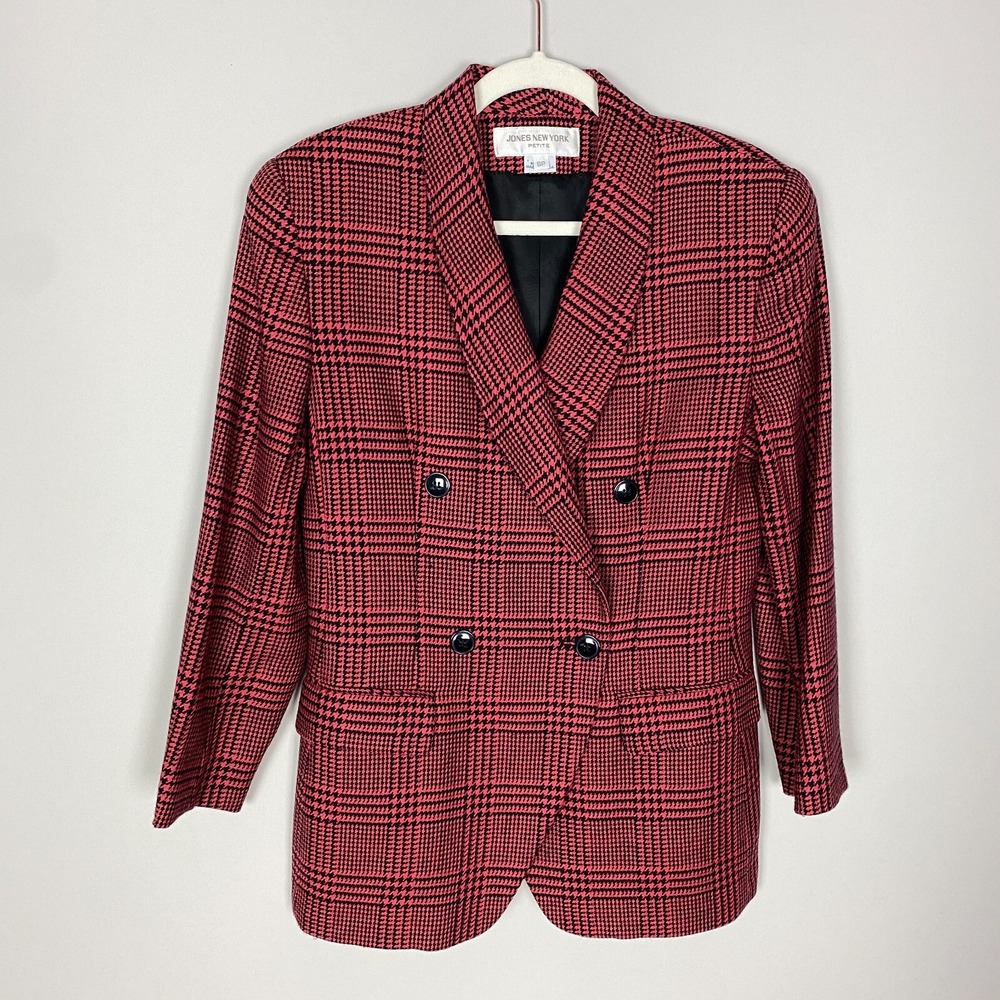 VTG Jones New York Houndstooth Pink Wool Blazer Jacket Double Breasted Womens 8P